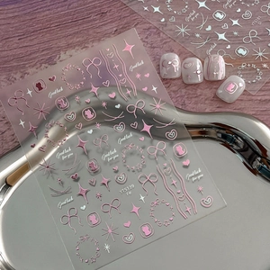 Metallic 3D Relief Nail Art Stickers Cute Bow Heart Star Cat Pattern Self Adhesive Metallic Decals For Women Manicure