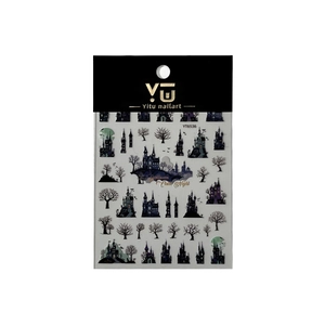Halloween nail art sticker featuring gothic castle, bats, and moon designs in dark purple