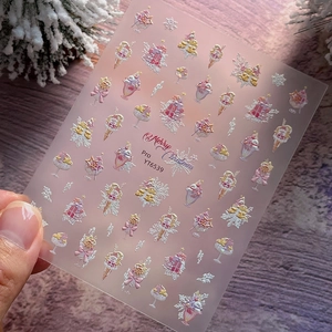 3D Christmas nail art stickers with pink ice cream and snowflake designs YT6539