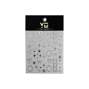 3D silver embossed nail art stickers with bow, cat and star patterns on display card