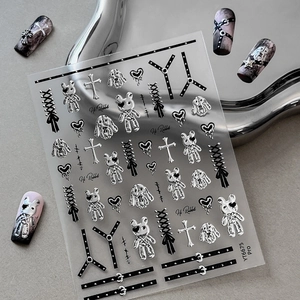 3D Gothic Punk Nail Art Stickers Metallic Silver Rabbit Cross Heart Patterns Y2K Style Embossed DIY Manicure Decoration