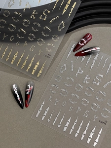 Macro view of 3D skeleton embossed nail stickers in gold and silver for Halloween