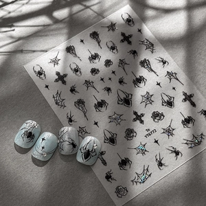 Adesivi per Unghie Gotici a Forma di Ragnatela Halloween 3D in Rilievo Stile Scuro DIY Rose Croce Stella Motivo