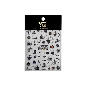 Halloween nail art sticker set featuring holographic pumpkins, ghosts, and black cats