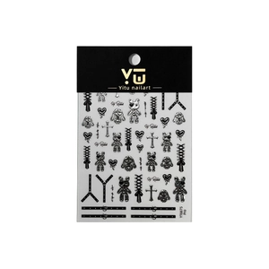 Silver Gothic bunny and cross nail stickers with 3D metallic dark punk designs