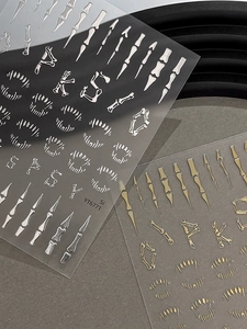 Macro view of 3D embossed silver and gold skeleton hand nail art stickers in Halloween style