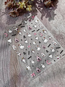 Detailed 3D embossed Halloween nail stickers with pink ghosts and black bats