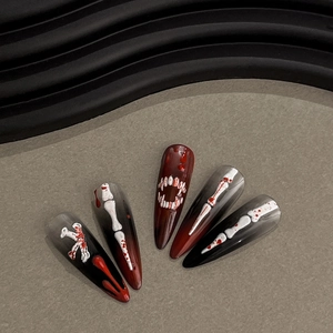 Halloween 3D white bone stiletto press on nails with red blood drips and dark fangs