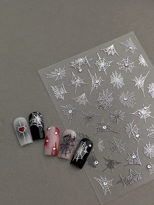 Detaillierte 5D-Relief-Nagelaufkleber mit silbernem Spinnennetz und Strass für Halloween