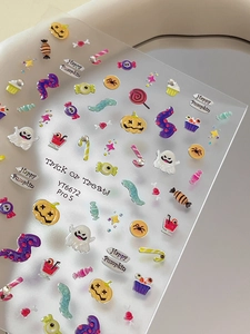 3D relief Halloween nail stickers with pumpkins ghosts and candy detail on transparent backing
