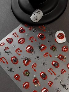 3D Halloween nail stickers with blood drips and insects on grey backing paper