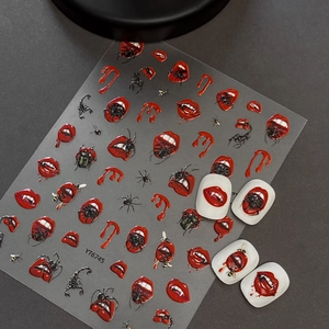 Gothic Halloween Embossed 3D Nail Art Stickers Vampire Red Lips Fangs Blood Drops Spiders Scorpions For Women DIY Manicure