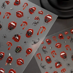3D Halloween nail stickers with bloody lips, spiders and scorpions on dark background