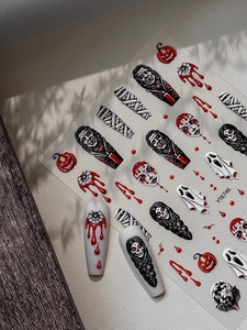 Detailed 5D Halloween nail stickers with vampire skulls and ghost patterns on nails