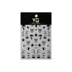 Halloween relief nail stickers with black spiders, spiderwebs, bats, and tombstones