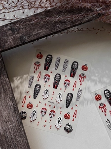 Detailed 5D embossed Halloween nail art stickers with ghosts and pumpkins pattern