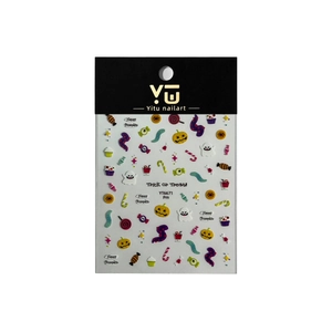 Halloween nail art decals featuring colorful pumpkins and ghosts on a white card display