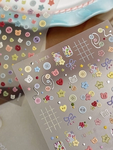 Detail of 3D embossed cute cartoon bear and colorful button nail art stickers