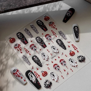 5D Embossed Halloween Nail Stickers Gothic Ghost Face Pumpkin Skull Blood Drip Self-Adhesive Nail Art Decals For Party Women