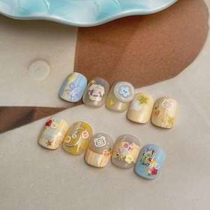 3D embossed cartoon press-on nails set with bear and bow decorations in pastel colors