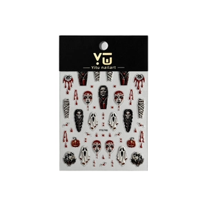 3D Halloween nail stickers with vampire faces, skulls, and bats on white packaging