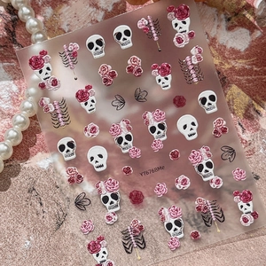 5D embossed skull and rose nail art stickers with gothic motifs and textured relief finish