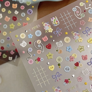 3D embossed cartoon bear and button nail stickers in macaron colors for cute summer DIY art