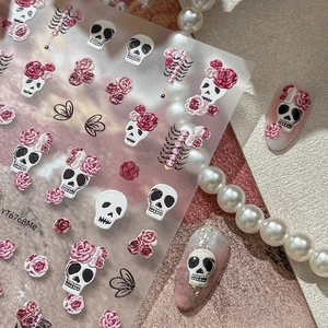 5D embossed skull and pink rose nail stickers with gothic butterfly bow elements