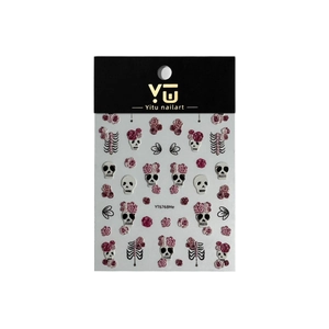 5D embossed Halloween nail art stickers with skulls and pink roses on white background