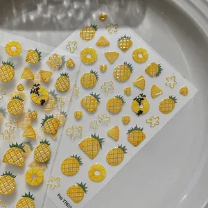 3D relief nail stickers featuring yellow pineapple patterns and small floral designs