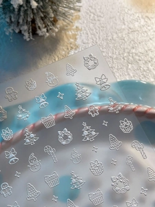Detailed macro of 5D embossed Christmas nail stickers with festive snowman and ginger man