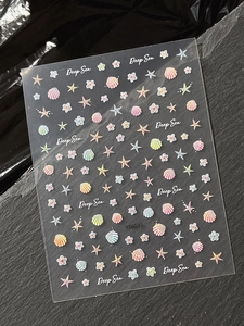 Makro-Details von Nagelstickern im Tiefsee-Design mit Muschel- und Seesternmotiven auf Fels
