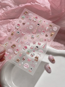 Close-up of pink Christmas nail stickers featuring Santa, elk, and trees model YT6608