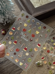 Detailed view of 5D embossed Christmas nail stickers with gingerbread man and tree