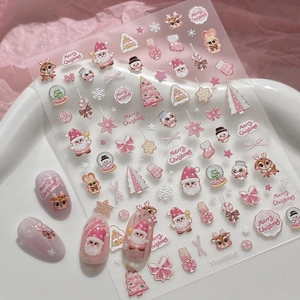 5D Embossed Christmas Nail Art Stickers Pink Cartoon Santa Reindeer Snowman Design DIY Manicure Decoration For Women Jewelry