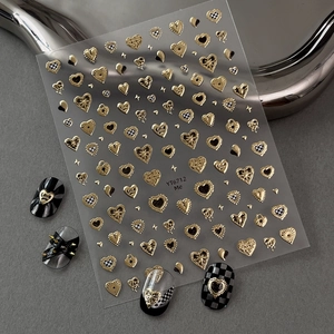 3D Metallic Heart Nail Stickers Gold Silver Heart Checkerboard Relief Nail Art Decals For Women DIY Manicure Decorations