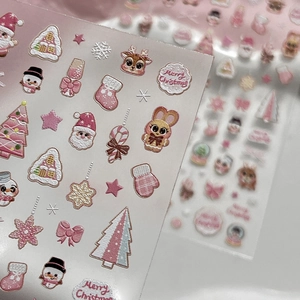 Pink Christmas cartoon 3D relief nail stickers with Santa, snowman and deer designs