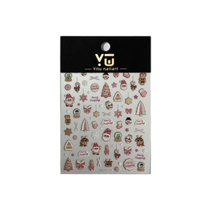 5D embossed Christmas nail art stickers with Santa and gingerbread man in pink and gold