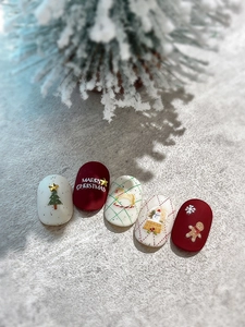 Close-up of Christmas nail stickers featuring snowman, tree, and ginger man patterns