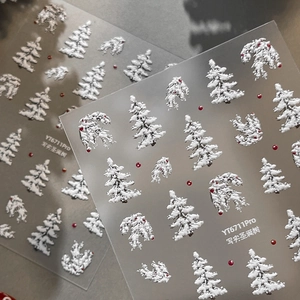 3D-geprägte weiße Schnee-Weihnachtsbaum-Nagelaufkleber mit roten Punkten auf dunklem Grund