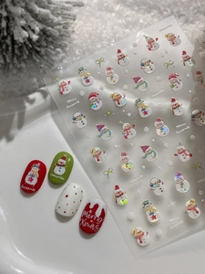 Macro shot of 3D Christmas snowman nail stickers with glitter and laser effect details