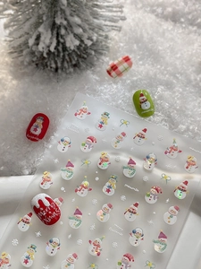 Detail of Christmas nail stickers featuring 3D embossed snowmen and festive glitter accents