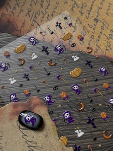 Detailed 5D embossed Halloween nail stickers featuring Grim Reaper and gold pumpkins