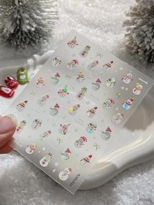 Detail of Christmas snowman nail stickers with laser glitter effect and colorful snowman patterns