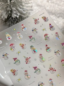 Detail view of holographic Christmas snowman nail stickers with festive glitter patterns