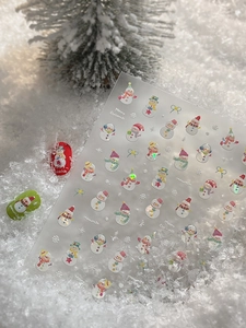 Detailed view of Christmas snowman nail stickers with laser glitter and snowflake motifs