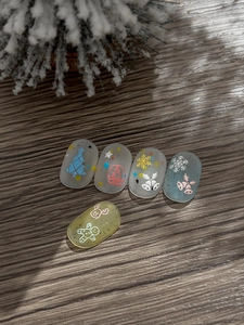 Detail of 3D embossed Christmas nail art stickers with gingerbread and snowflake motifs