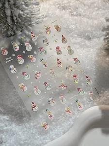 Detailed holographic Christmas snowman nail art stickers with laser glitter finish