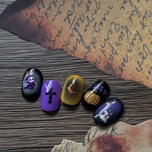 3D embossed Halloween press-on nails featuring grim reaper and gothic castle art