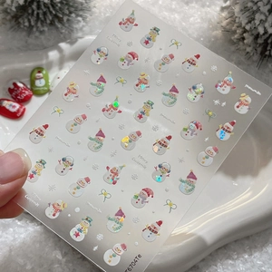 Holographic Christmas snowman nail stickers with delicate snowflakes and bows